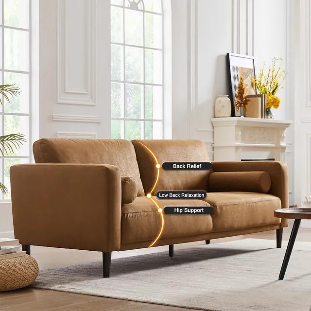 HIFIT Sofa Couches, 79” Mid-Century Modern Couch, Breathable Faux Leather Couch with Upholstered Cushions/Pillows, 3-Seat Sofas & Couches, for Living Room Apartment Office, Brown 