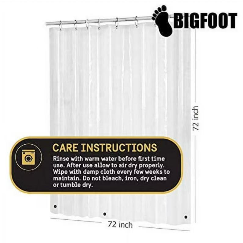 BigFoot Shower Curtain Liner – 72 x 72 PEVA Heavy Duty Shower Curtain with Rustproof Metal Grommet and 3 Magnetic Weights – Odor Free and Compatible with Standard Showers, Clear BigFoot