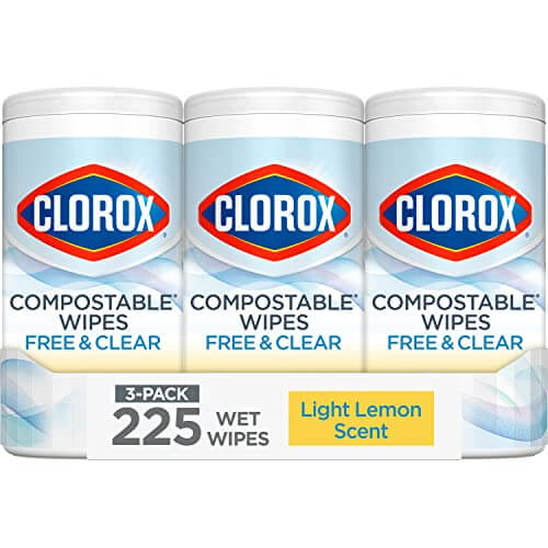 Clorox Free & Clear Compostable Cleaning Wipes, Light Lemon Scent, 75 Count, Pack of 3 (Pack May Vary)