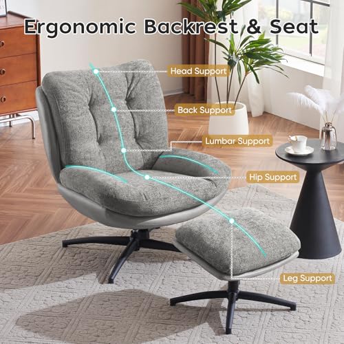 ELUCHANG Oversized Swivel Accent Chair with Ottoman Set for Living Room, Rocker Lounge Chair with High Back & Metal Base Frame, 360° Swiveling Comfy Armchair with Footrest for Bedroom, Chenille, Grey 