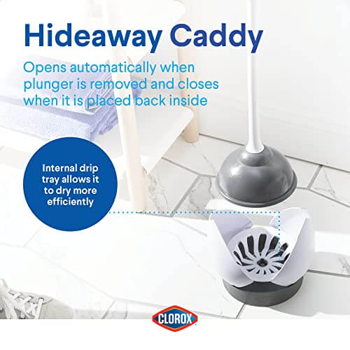 Clorox Toilet Plunger with Hideaway Caddy – Toilet Plunger for Bathroom, Bathroom Organizers & Storage, Bathroom Accessories, Toilet Unclogger, Plunger with Holder