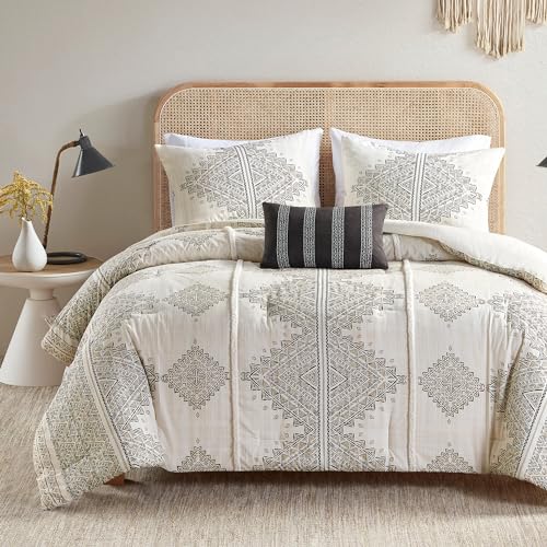 Madison Park King Comforter Set, Boho Comforters with Chenille Trims King Bedding, All Seasons, Microfiber Bedding King Size Comforters, Pillow & Shams, Ibiza, King/Cal King, Black/Ivory 4 Piece Madison Park