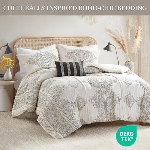 Madison Park King Comforter Set, Boho Comforters with Chenille Trims King Bedding, All Seasons, Microfiber Bedding King Size Comforters, Pillow & Shams, Ibiza, King/Cal King, Black/Ivory 4 Piece Madison Park