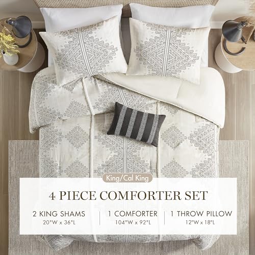 Madison Park King Comforter Set, Boho Comforters with Chenille Trims King Bedding, All Seasons, Microfiber Bedding King Size Comforters, Pillow & Shams, Ibiza, King/Cal King, Black/Ivory 4 Piece Madison Park