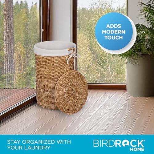 BIRDROCK HOME Seagrass Laundry Hamper with Lid & Liner - Handwoven Round Basket with Handles for Laundry/Dirty Clothes - Organizer, Storage, Shelves, Bin in Bathroom, Bedroom & Laundry Room - Natural BIRDROCK HOME