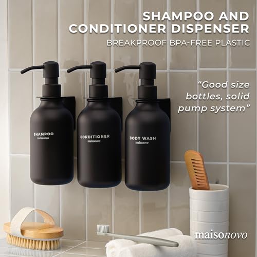 MaisoNovo Shampoo and Conditioner Dispenser - Shower Soap Dispenser Wall Mounted - 16.9 fl oz Set of 3 Black Plastic Bottles Black Pump - Shampoo Dispenser, Shower Dispenser 3 Chamber No Drill MAISONOVO