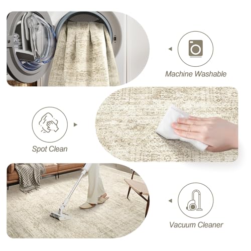 Soalmost Washable Area Rug 8x10, Large Soft Rugs for Living Room Vintage Beige Rug 8x10 Area Rugs for Bedroom Dining Room Non-Slip Stain Resistant Under Table Rug 