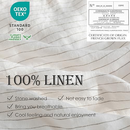 Simple&Opulence 100% Linen Duvet Cover Set 3pcs Yarn Dyed Vertical Pinstripe Ticking Pattern Natural French Washed Flax Breathable Farmhouse Bedding - Grey Stripe, Queen Size Simple&Opulence