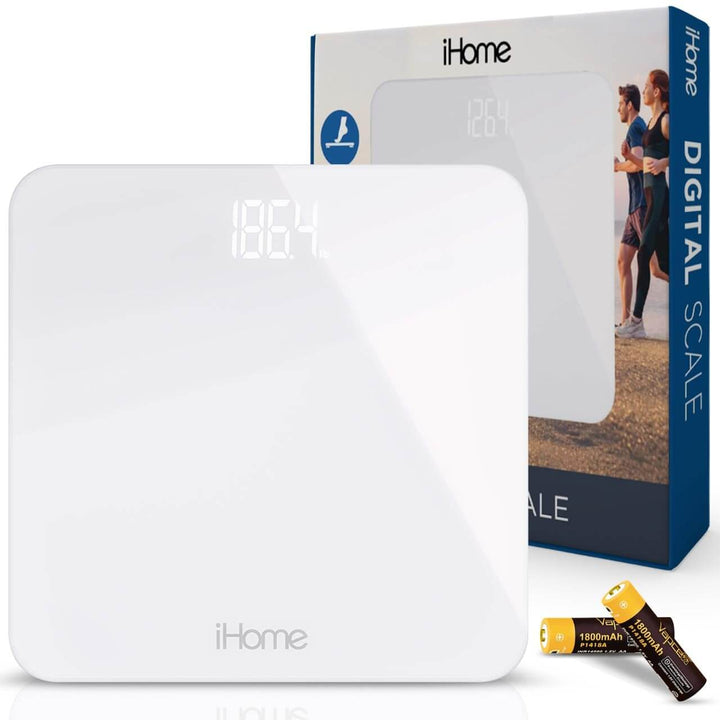 iHome Digital Scale Step-On Bathroom Scale - iHome High Precision Body Weight Scale - 400 lbs, Battery Powered with LED Display - Batteries Included -Great for Home Gym (White) iHome