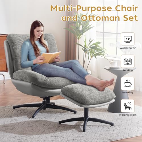 ELUCHANG Oversized Swivel Accent Chair with Ottoman Set for Living Room, Rocker Lounge Chair with High Back & Metal Base Frame, 360° Swiveling Comfy Armchair with Footrest for Bedroom, Chenille, Grey 