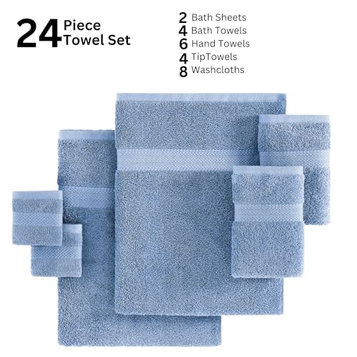 LANE LINEN 24 Piece Bath Towel Set - Premium 100% Cotton Towels, 2 Bath Sheets, 4 Bath Towels, 6 Hand Towels, 8 Wash Cloths for your Face and Body, 4 Fingertip Towels for Bathroom - Cerulean Blue LANE LINEN