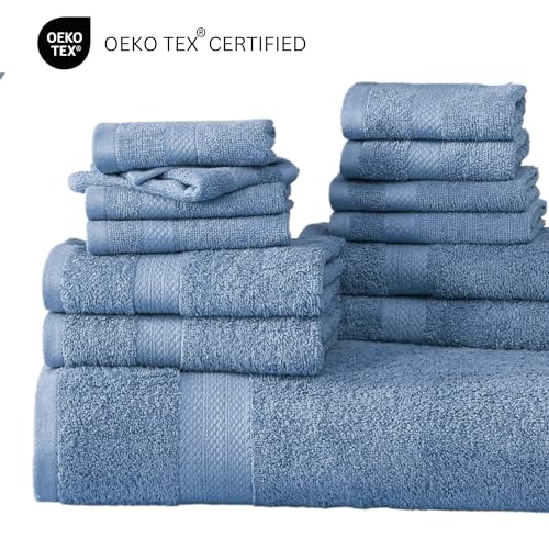 LANE LINEN 24 Piece Bath Towel Set - Premium 100% Cotton Towels, 2 Bath Sheets, 4 Bath Towels, 6 Hand Towels, 8 Wash Cloths for your Face and Body, 4 Fingertip Towels for Bathroom - Cerulean Blue LANE LINEN