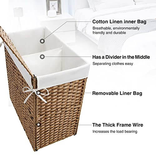 Greenstell Laundry Hamper with lid, No Install Needed, 110L Wicker Laundry Baskets Foldable 2 Removable Liner Bags, 2 Section Clothes Hamper Handwoven Rattan Laundry Basket with Handles, Natural GREENSTELL