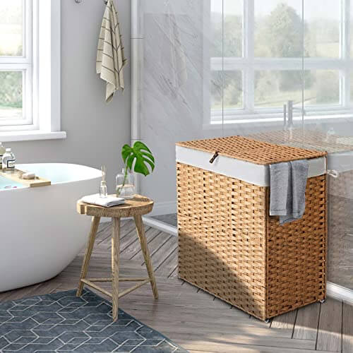 Greenstell Laundry Hamper with lid, No Install Needed, 110L Wicker Laundry Baskets Foldable 2 Removable Liner Bags, 2 Section Clothes Hamper Handwoven Rattan Laundry Basket with Handles, Natural GREENSTELL