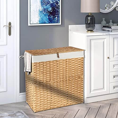 Greenstell Laundry Hamper with lid, No Install Needed, 110L Wicker Laundry Baskets Foldable 2 Removable Liner Bags, 2 Section Clothes Hamper Handwoven Rattan Laundry Basket with Handles, Natural GREENSTELL