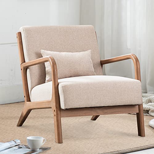 INZOY Mid Century Modern Accent Chair with Wood Frame, Upholstered Living Room Chairs with Waist Cushion, Reading Armchair for Bedroom Sunroom (Beige) 