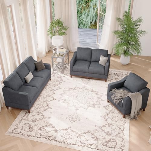 Sectional Sofa Couch Set-Living Room Sofa Set, 3-Seater Couch, Loveseat Sofa and Armchair, Modern Versatile Convertible Modular Sofa Set for Living Room/Apartment-Darkgrey 