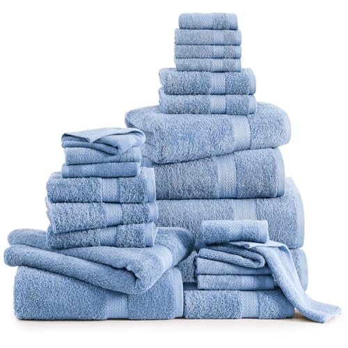 LANE LINEN 24 Piece Bath Towel Set - Premium 100% Cotton Towels, 2 Bath Sheets, 4 Bath Towels, 6 Hand Towels, 8 Wash Cloths for your Face and Body, 4 Fingertip Towels for Bathroom - Cerulean Blue LANE LINEN