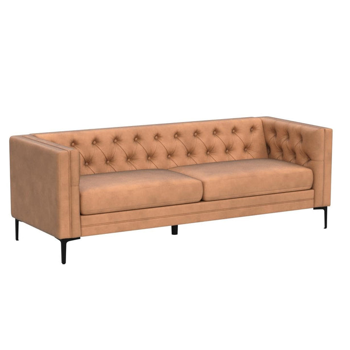 HULALA HOME 84" W Suede Faux Leather Sofa Couch with Metal Legs, Button-Tufted 3-Seater Sofa, Mid Century Modern Contemporary Upholstered Couch for Living Room, Entertainment Area, Apartment,Camel 