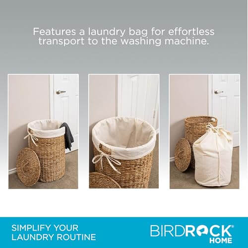 BIRDROCK HOME Seagrass Laundry Hamper with Lid & Liner - Handwoven Round Basket with Handles for Laundry/Dirty Clothes - Organizer, Storage, Shelves, Bin in Bathroom, Bedroom & Laundry Room - Natural BIRDROCK HOME