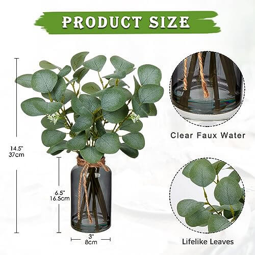 Briful Artificial Eucalyptus Stems in Black Glass Vase with Faux Water, 14" Fake Plant Eucalyptus Leaves for Home Office Farmhouse Wedding Centerpiece Décor Briful