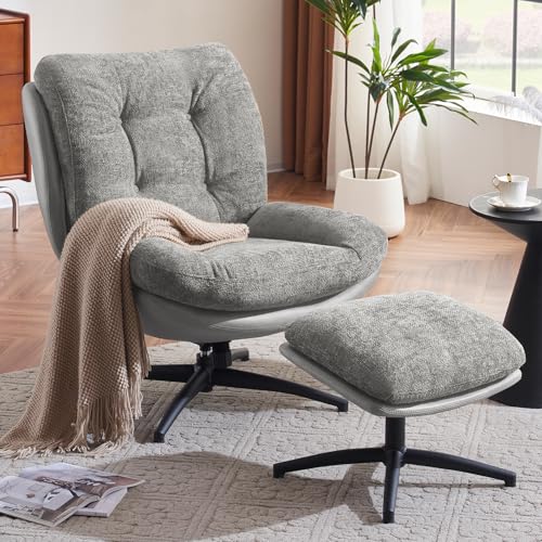 ELUCHANG Oversized Swivel Accent Chair with Ottoman Set for Living Room, Rocker Lounge Chair with High Back & Metal Base Frame, 360° Swiveling Comfy Armchair with Footrest for Bedroom, Chenille, Grey 