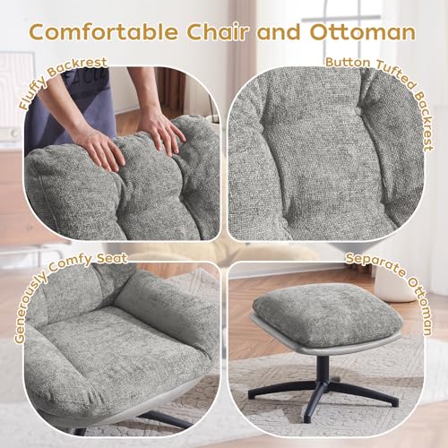 ELUCHANG Oversized Swivel Accent Chair with Ottoman Set for Living Room, Rocker Lounge Chair with High Back & Metal Base Frame, 360° Swiveling Comfy Armchair with Footrest for Bedroom, Chenille, Grey 