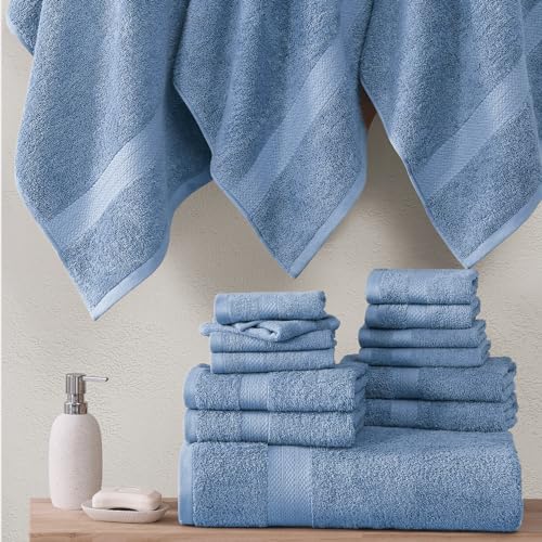 LANE LINEN 24 Piece Bath Towel Set - Premium 100% Cotton Towels, 2 Bath Sheets, 4 Bath Towels, 6 Hand Towels, 8 Wash Cloths for your Face and Body, 4 Fingertip Towels for Bathroom - Cerulean Blue LANE LINEN