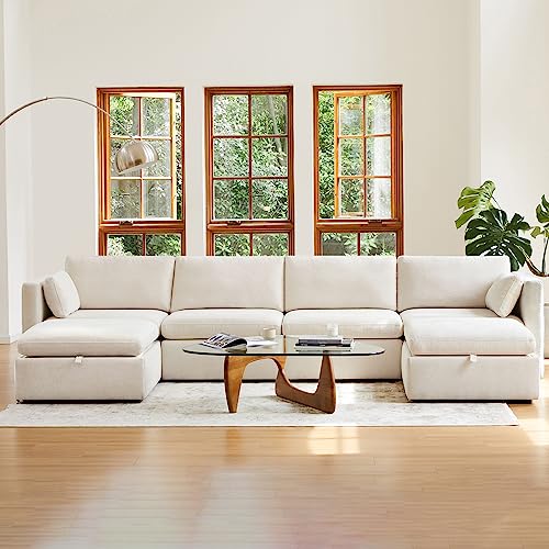 CHITA Oversized Modular Sectional Fabric Sofa Set, FSC Certified Extra Large U Shaped Couch Reversible Chaise Modular Sectional Couch, 146 inch Width, 6 Seat Modular Sofa with Storage Ottomans, Linen 