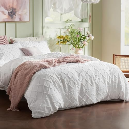 Bedsure Boho Duvet Cover Queen - Boho Bedding, Tufted Queen Duvet Cover for All Seasons, 3 Pieces Embroidery Shabby Chic Home Bedding Duvet Cover (White, Queen, 90x90) Bedsure