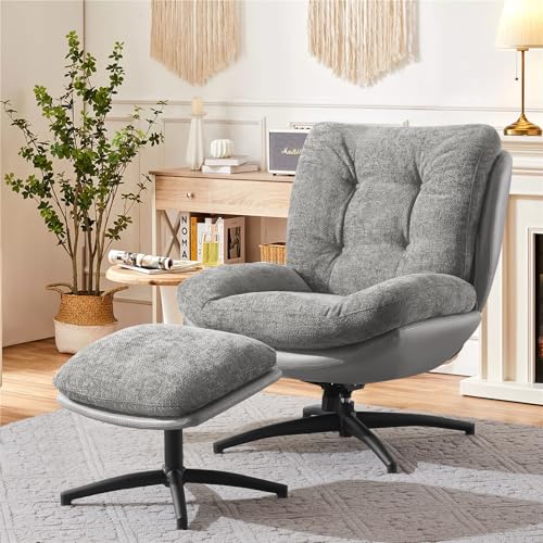 ELUCHANG Oversized Swivel Accent Chair with Ottoman Set for Living Room, Rocker Lounge Chair with High Back & Metal Base Frame, 360° Swiveling Comfy Armchair with Footrest for Bedroom, Chenille, Grey 