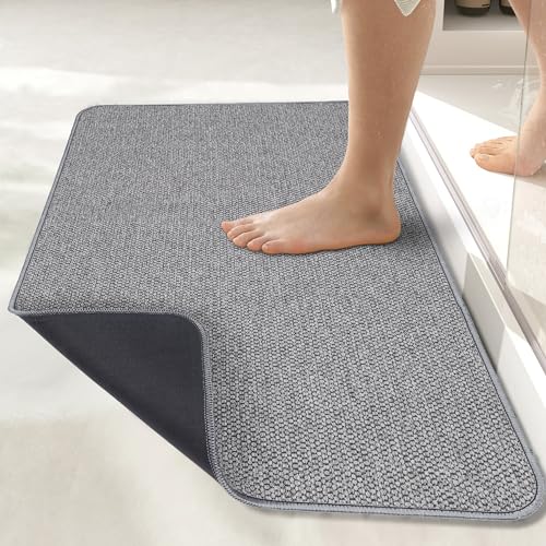 Bath Mat,Ultra Thin Bath Rugs,Rubber Bath Mats for Bathroom,Quick Dry,Non-Slip,Machine Washable,Fit Under Door,Super Absorbent Bathroom Rugs for Bathroom Floor,Shower,Sink.(Grey,17''x27'') Bosap