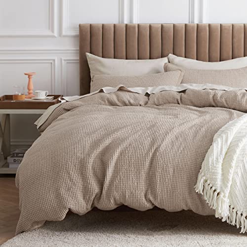 Bedsure Cotton Duvet Cover Queen - 100% Cotton Waffle Weave Khaki Duvet Cover Queen Size, Soft and Breathable Queen Tan Duvet Cover Set for All Season (Queen, 90"x90") Bedsure