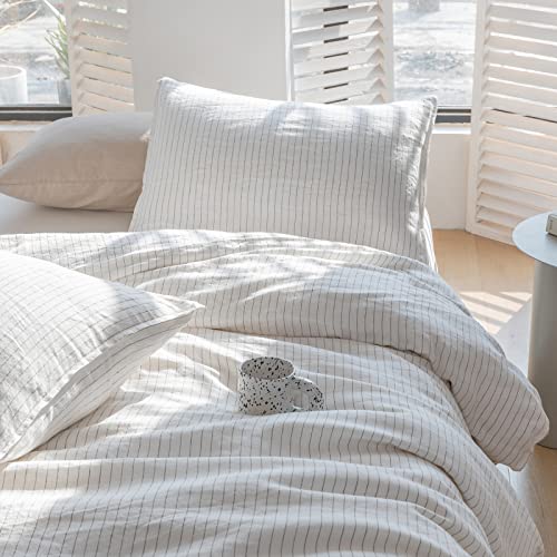 Simple&Opulence 100% Linen Duvet Cover Set 3pcs Yarn Dyed Vertical Pinstripe Ticking Pattern Natural French Washed Flax Breathable Farmhouse Bedding - Grey Stripe, Queen Size Simple&Opulence