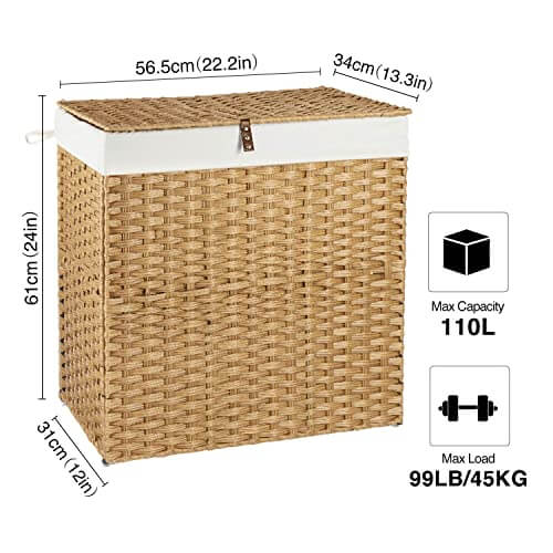 Greenstell Laundry Hamper with lid, No Install Needed, 110L Wicker Laundry Baskets Foldable 2 Removable Liner Bags, 2 Section Clothes Hamper Handwoven Rattan Laundry Basket with Handles, Natural GREENSTELL