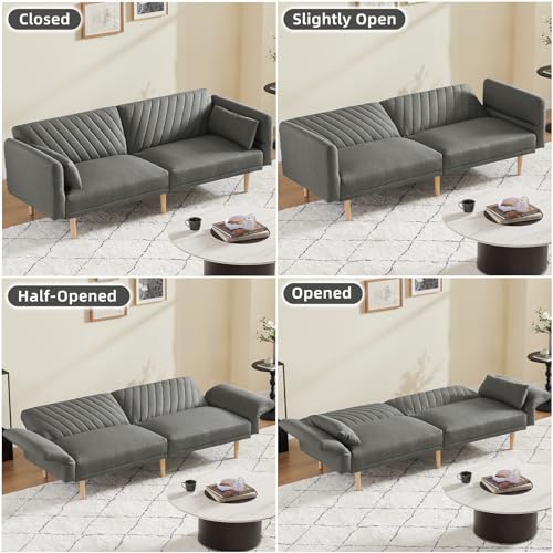 WILLOVE Futon Sofa Bed, 78" Modern Futon Couch, 3 Seater Folding Bed Tufted Couch with Adjustable Backrests and Armrest, Solid Wood Legs for Living Room, Bedroom, Small Room, Gray 