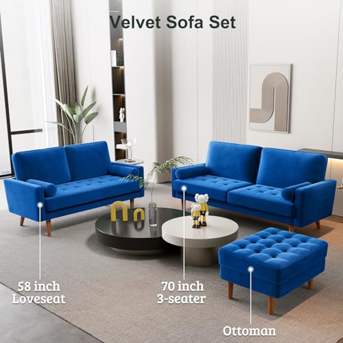 Vesgantti Loveseat Sofa, 70" Blue Velvet Couch with Tufted Seat Mid Century Modern Couch for Living Room, Bedroom, Office, Apartment (70 Inch, Blue) 