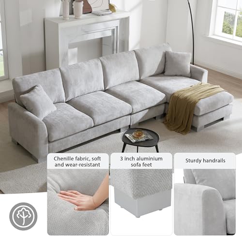 Ball & Cast 119" Oversized Luxury Sectional Sofa with Chaise Lounge,Chenille Line L-Shaped Couch Set W/ 2 Free Pillows,Modern Minimalist 5-seat for Living Room,Apartment,Large Space,Light Gray 