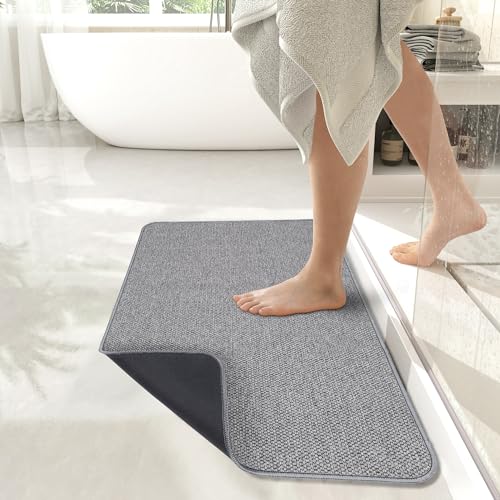 Bath Mat,Ultra Thin Bath Rugs,Rubber Bath Mats for Bathroom,Quick Dry,Non-Slip,Machine Washable,Fit Under Door,Super Absorbent Bathroom Rugs for Bathroom Floor,Shower,Sink.(Grey,17''x27'') Bosap