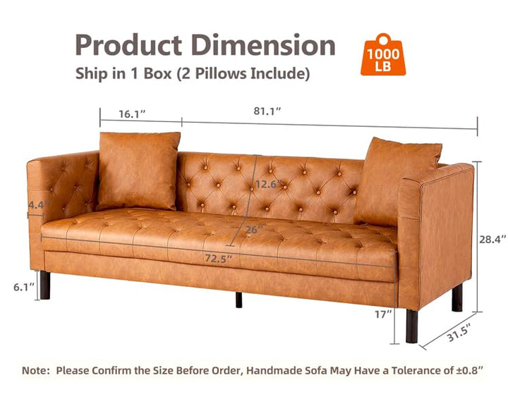 GarveeHome 81" Modern Leather Couch for Living Room, Chesterfield Sofa with Deep Seat and 2 Pillows, 3 Seater Sofa with Handmade Button Tufted, Sleeper Sofa for Apartment, Office, Cognac Tan 