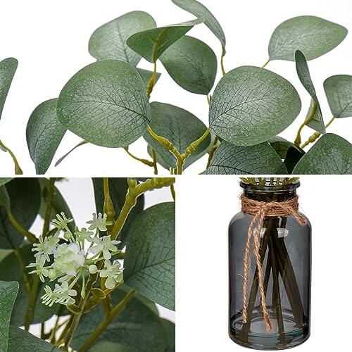 Briful Artificial Eucalyptus Stems in Black Glass Vase with Faux Water, 14" Fake Plant Eucalyptus Leaves for Home Office Farmhouse Wedding Centerpiece Décor Briful