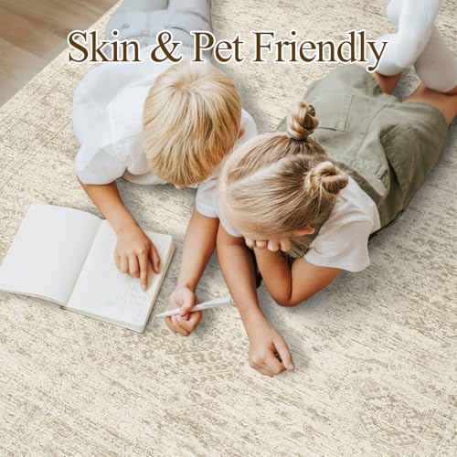 Soalmost Washable Area Rug 8x10, Large Soft Rugs for Living Room Vintage Beige Rug 8x10 Area Rugs for Bedroom Dining Room Non-Slip Stain Resistant Under Table Rug 