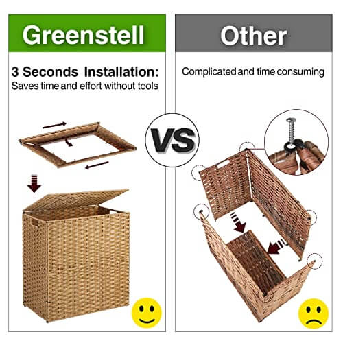 Greenstell Laundry Hamper with lid, No Install Needed, 110L Wicker Laundry Baskets Foldable 2 Removable Liner Bags, 2 Section Clothes Hamper Handwoven Rattan Laundry Basket with Handles, Natural GREENSTELL