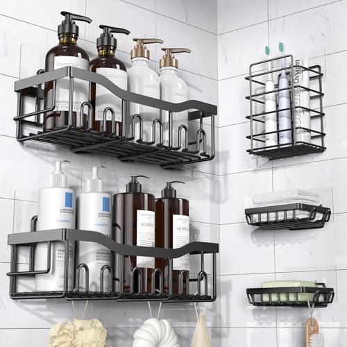 EUDELE Adhesive Shower Caddy, 5 Pack Rustproof Stainless Steel Bath Organizers With Large Capacity, No Drilling Shelves for Bathroom Storage & Home Decor EUDELE