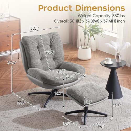 ELUCHANG Oversized Swivel Accent Chair with Ottoman Set for Living Room, Rocker Lounge Chair with High Back & Metal Base Frame, 360° Swiveling Comfy Armchair with Footrest for Bedroom, Chenille, Grey 