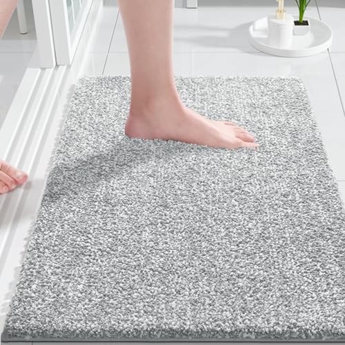 Yimobra Bathroom Rugs Mat, Extra Soft Comfortable Bath Rugs, Non-Slip, Water Absorbent and Thick Bathroom Floor Mats, Machine Washine, Shaggy Rugs for Shower Bathtubs, 24" x 17", Grey&White Yimobra