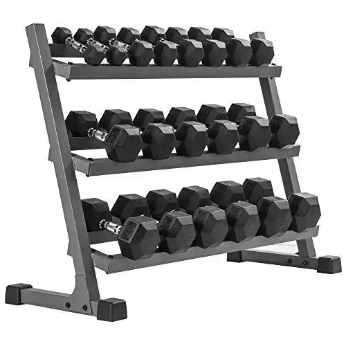 XMark Fitness Dumbbell Set, 3 Tier Rack, 5 to 50 lb Hex Dumbbell Set (10 Pair)