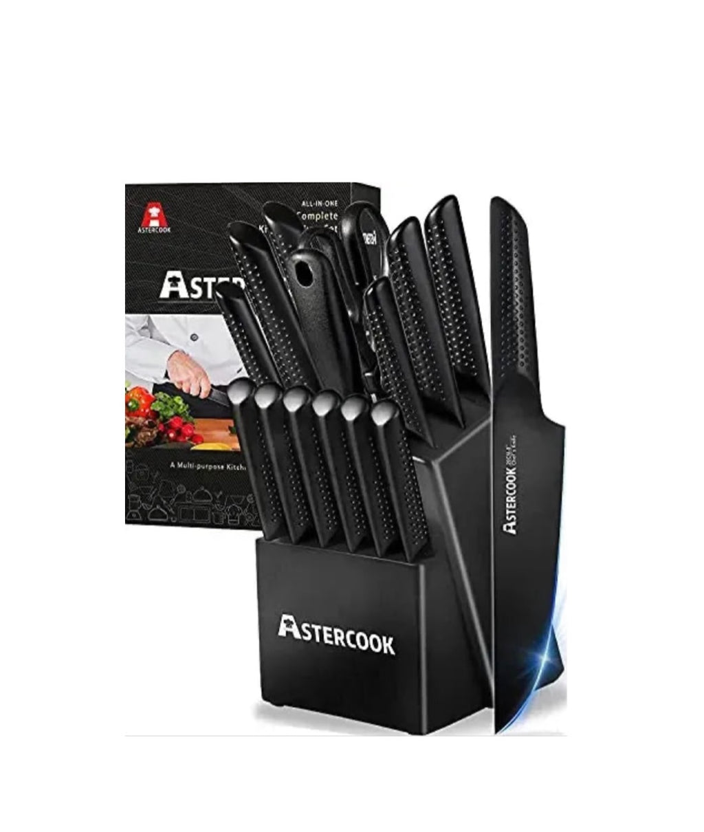 🆕 Astercook Knife Set15 Pieces Kitchen w/Block High Carbon Stainless  German⚡️