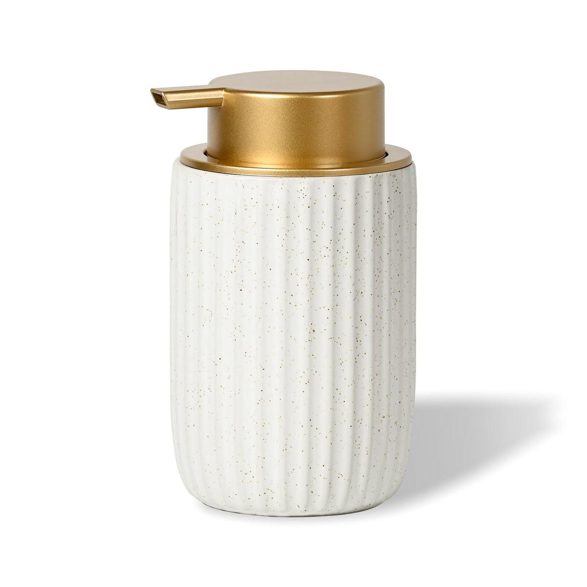 Ribbed speckled white ceramic foam soap dispenser with a gold pump