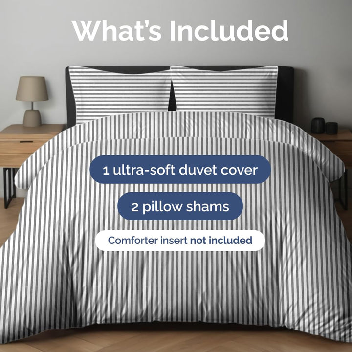 Duvet Cover Queen Size Set - Extra Soft Queen Size Duvet Cover - 90" x 90" Queen Duvet Cover w/ 2 Pillow Shams - Easy Care & Fade Free - Comforter Cover w/ Zipper Closures & Ties (Grey Stripes) CGK Unlimited